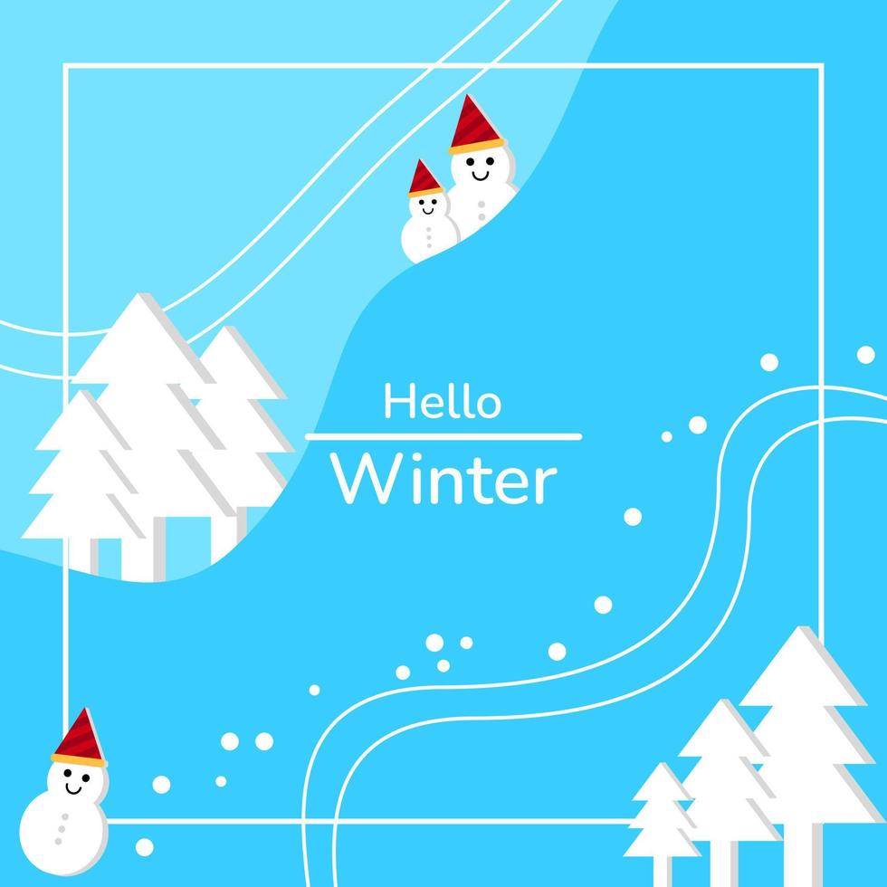 winter background. frame with trees, snowflakes and snowmans. suitable for greeting card, feed social media, banner or flyer vector