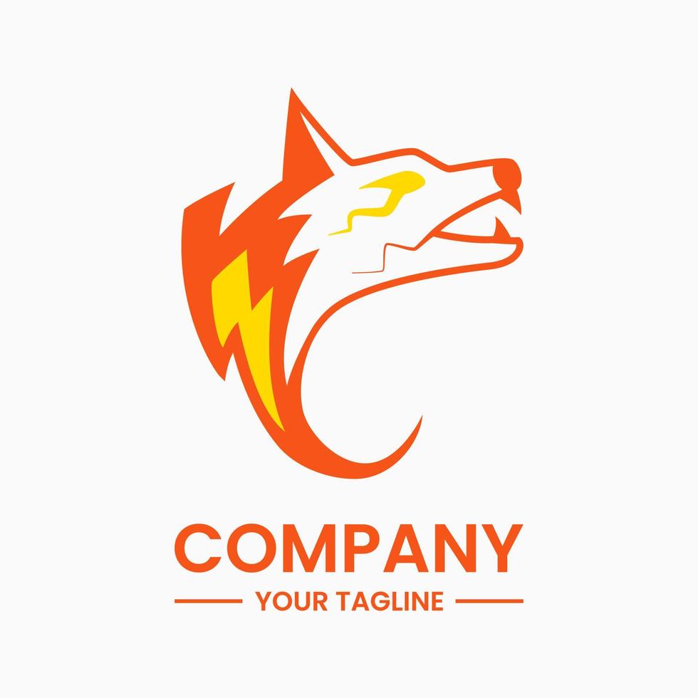 concepto de logotipo de lobo de trueno. cabeza de lobo y rayo. combinación, estilo creativo, plano y de línea. naranja y amarillo. para logotipo, icono, mascota, símbolo y signo. como logo power, sport o fast vector