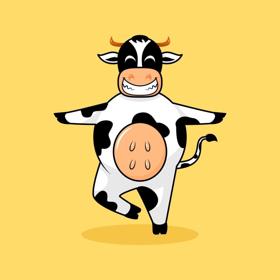 cute cow stand on one leg and hands outstretched with smile expression. cartoon, mascot, animal and character style. orange, black and white. suitable for logo, icon, symbol, t shirt design and sign vector