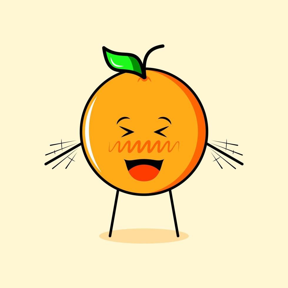 cute orange character with happy expression, close eyes, mouth open and both hands shaking. suitable for emoticon, logo, mascot vector