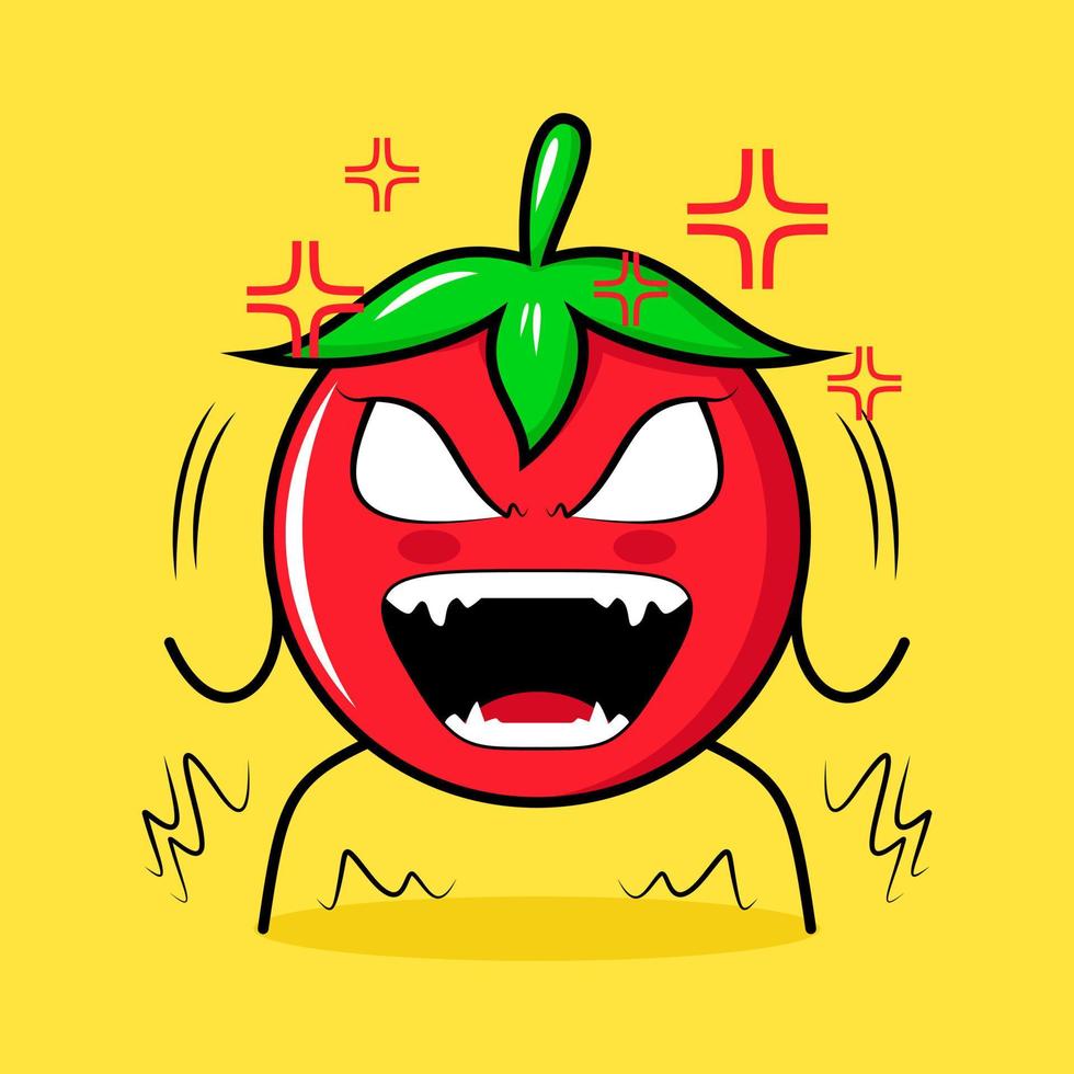 cute tomato character with very angry expression. eyes bulging and mouth wide open. green, red and yellow. suitable for emoticon, logo, mascot vector