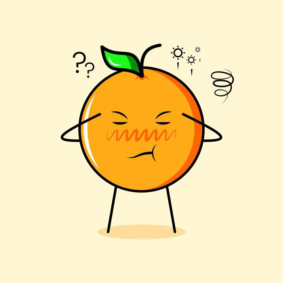 cute orange character with thinking expression, close eyes and two hands on head. suitable for emoticon, logo, mascot or sticker vector