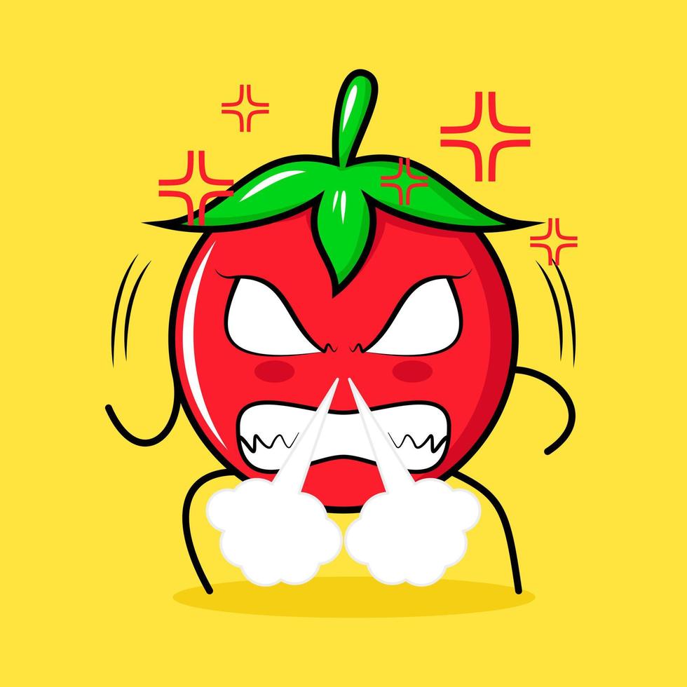 cute tomato character with angry expression. nose blowing smoke, eyes bulging and grinning. green, red and yellow. suitable for emoticon, logo, mascot vector