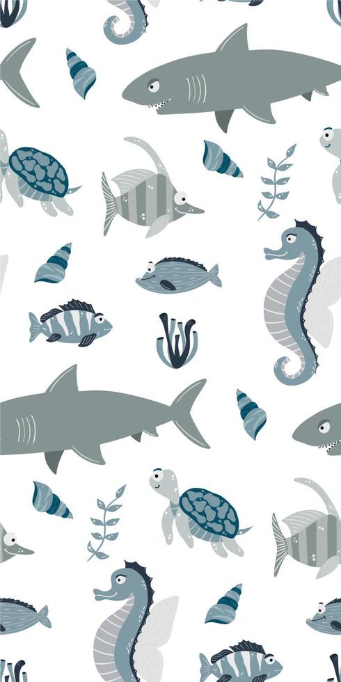 Seamless children's pattern with funny fish and sea animals. Children's texture for fabric, packaging, textiles, wallpaper, clothing. Vector background.