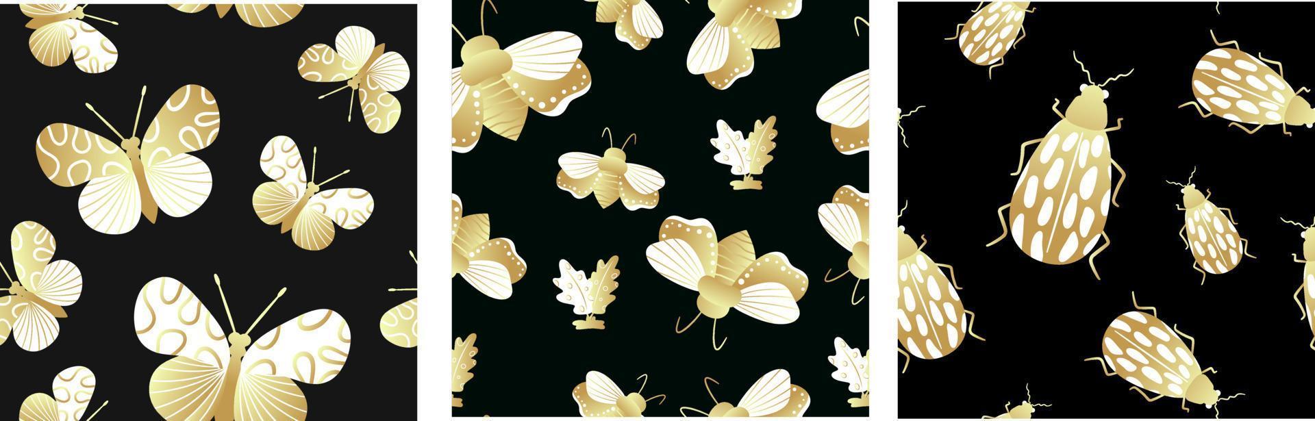 Seamless pattern of gold and black butterflies. Template for the design of trendy fabrics, home textiles, clothing, paper, wallpaper, unusual packaging, curtains. Vector illustration.
