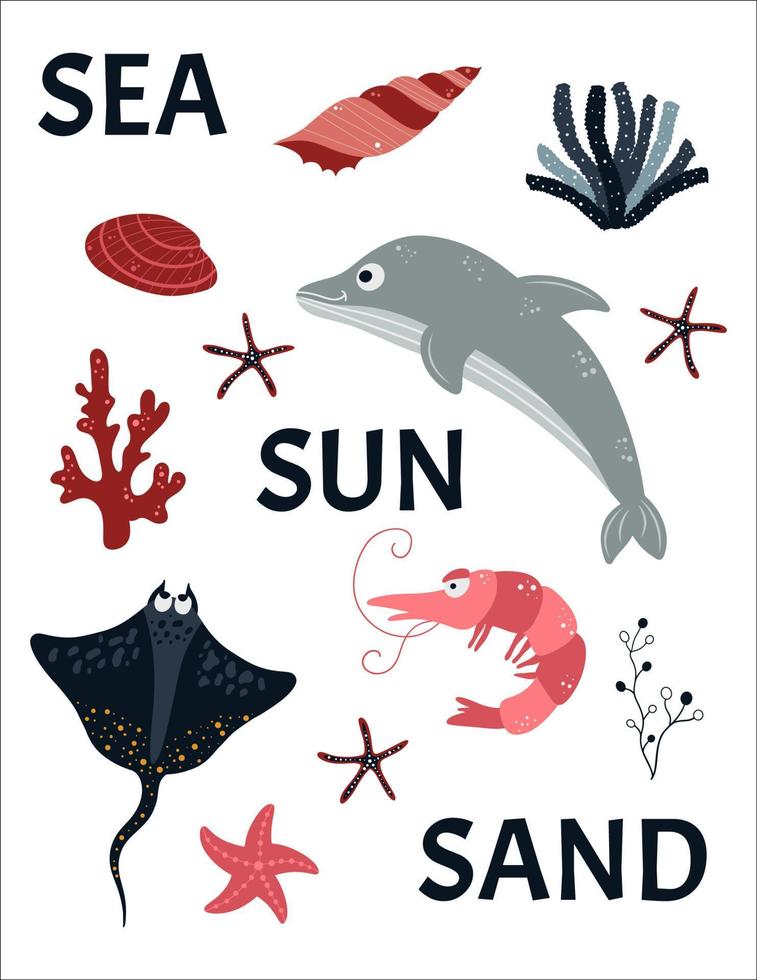cartel de mar y postal para niños. dibujos animados de animales marinos, peces, algas y conchas. adecuado para el diseño de tarjetas de felicitación, diseño de camisetas, decoración de habitaciones para niños. vector. vector