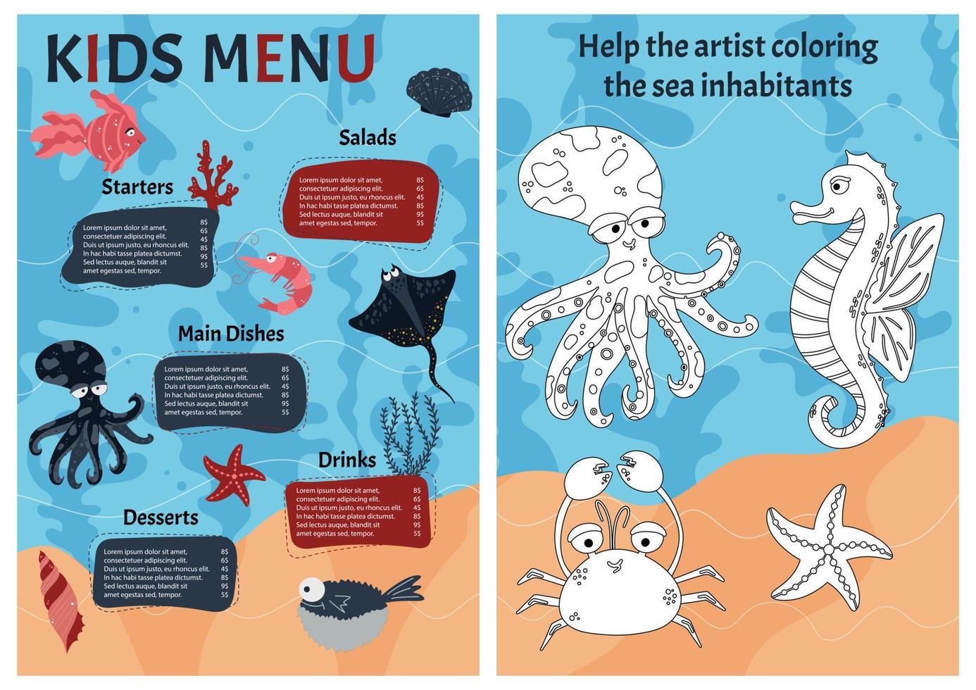 linda plantilla vectorial colorida para el menú infantil con animales marinos y juegos lógicos para niños. estilo de dibujos animados vector