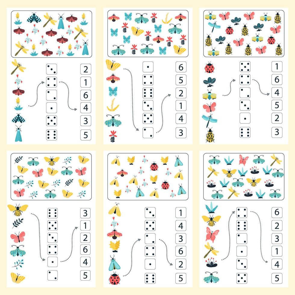 juego educativo de matemáticas para niños. hoja de cálculo de matemáticas para niños con insectos de colores, mariposas, escarabajos, flores. vector, estilo de dibujos animados. vector