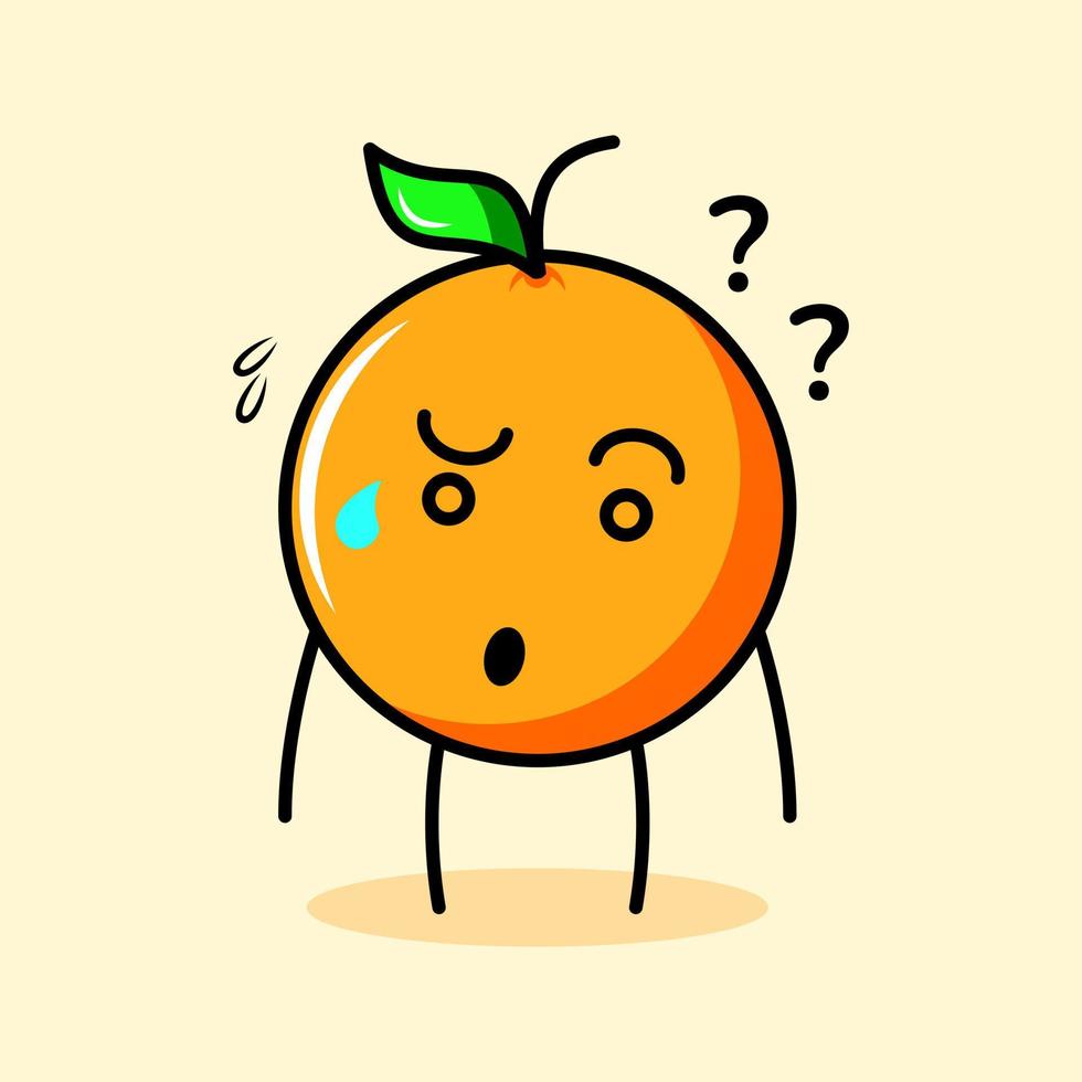 lindo personaje naranja con hoja, expresión confusa. caricatura, emoticono, moderno, fresco, contorno y logotipo de mascota. adecuado para logotipo, icono y signo vector