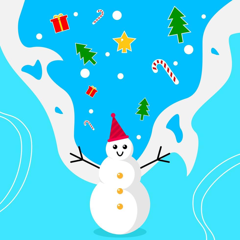 ilustración de invierno. fondo azul con muñeco de nieve, estrella, árbol, caja de regalo, bastón de caramelo y copos de nieve vector
