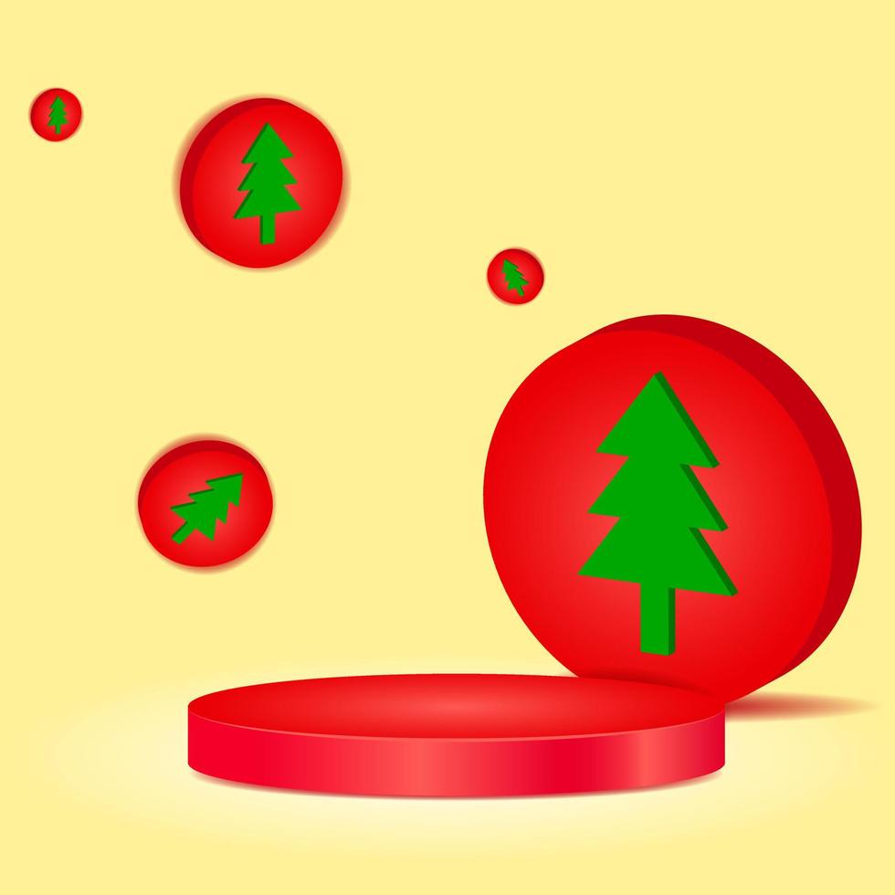 Podio de círculo rojo 3d. fondo amarillo de invierno con árboles. vistoso. adecuado para promoción de fondo o producto de venta vector