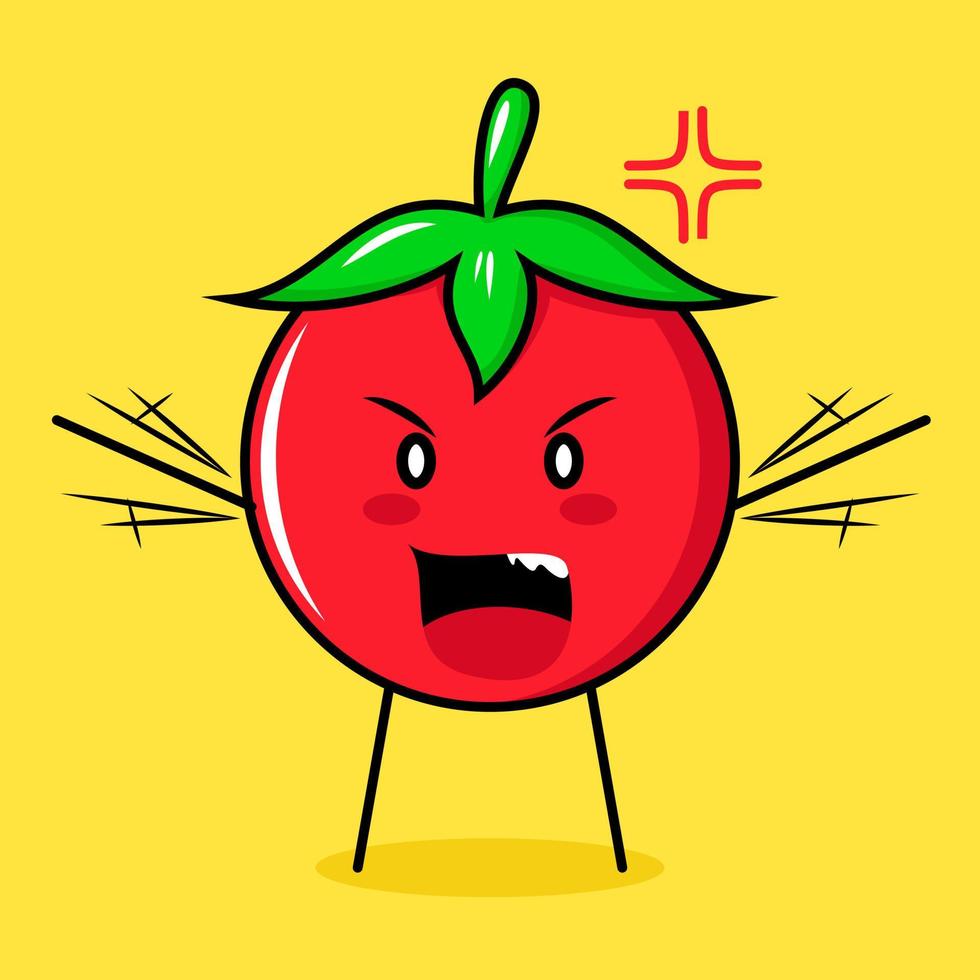cute tomato character with angry expression. green, red and yellow. suitable for emoticon, logo, mascot. both hands raised and mouth open vector