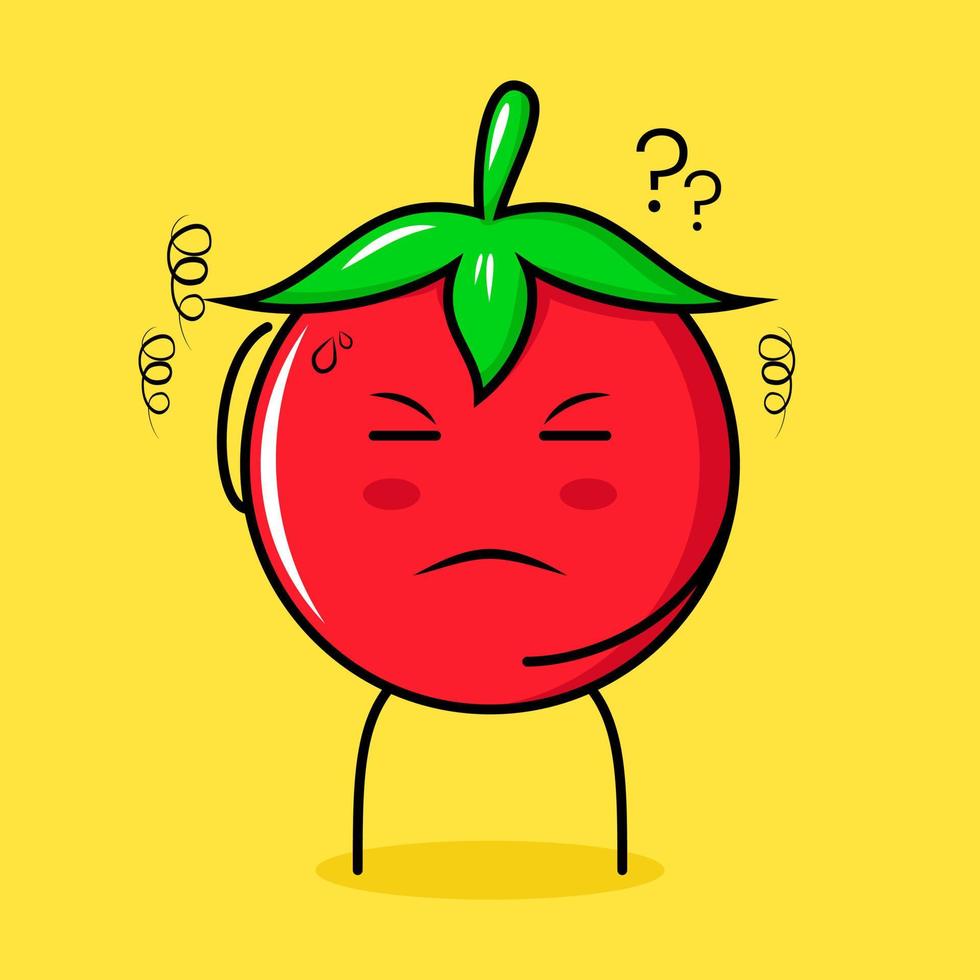 lindo personaje de tomate con expresión de pensamiento, una mano en la cabeza y ojos cerrados. verde, rojo y amarillo. adecuado para emoticonos, logotipos, mascotas vector