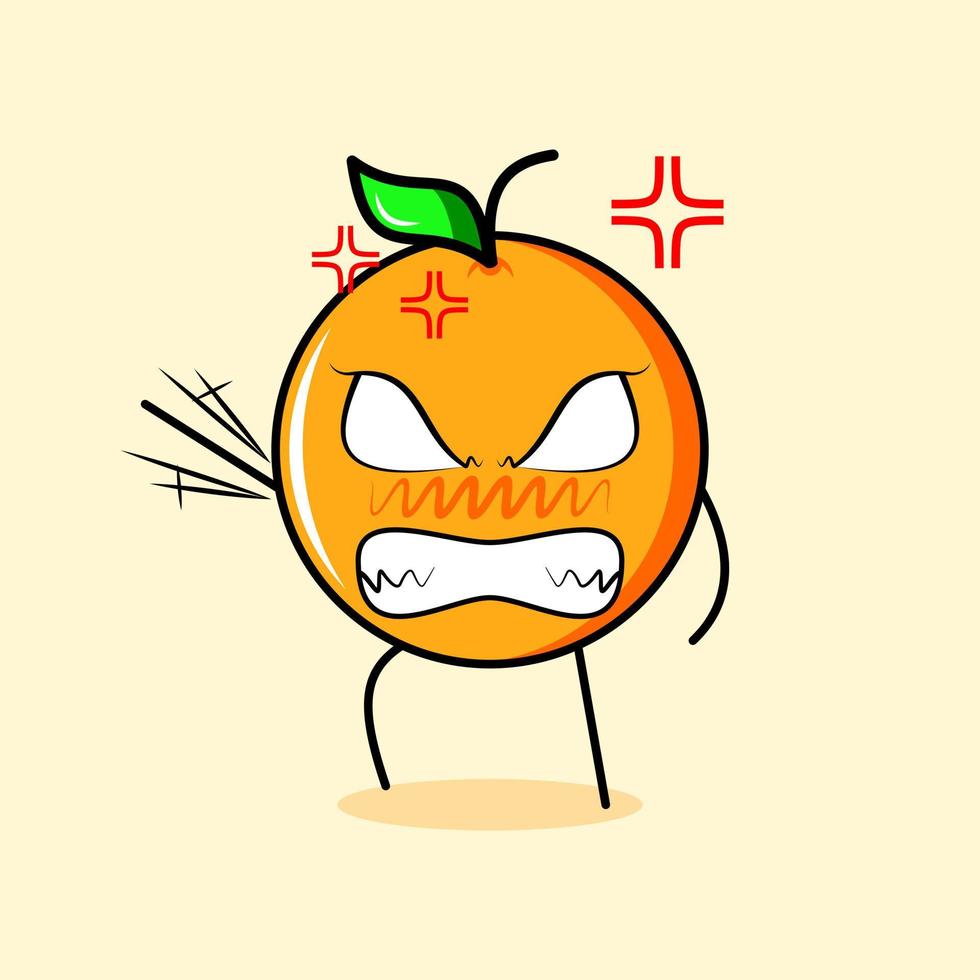 cute orange character with angry expression. suitable for emoticon, logo, mascot. one hand raised, eyes bulging and grinning vector