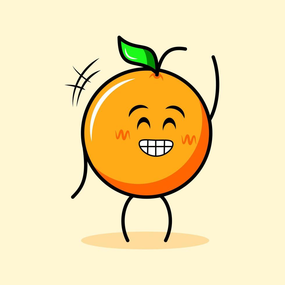 lindo personaje naranja con hoja, expresión feliz, ojos cerrados, sonrisa y una mano arriba. caricatura, emoticono, moderno, fresco, contorno y logotipo de mascota. adecuado para logotipo, icono y signo vector