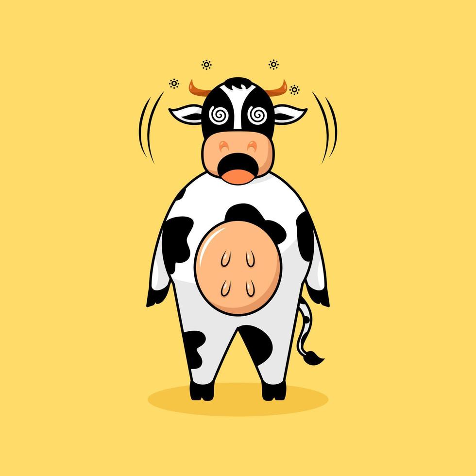 cute cow standing with dizzy expression. cartoon, mascot, animal and character style. orange, black and white. suitable for logo, icon, symbol, t shirt design and sign vector