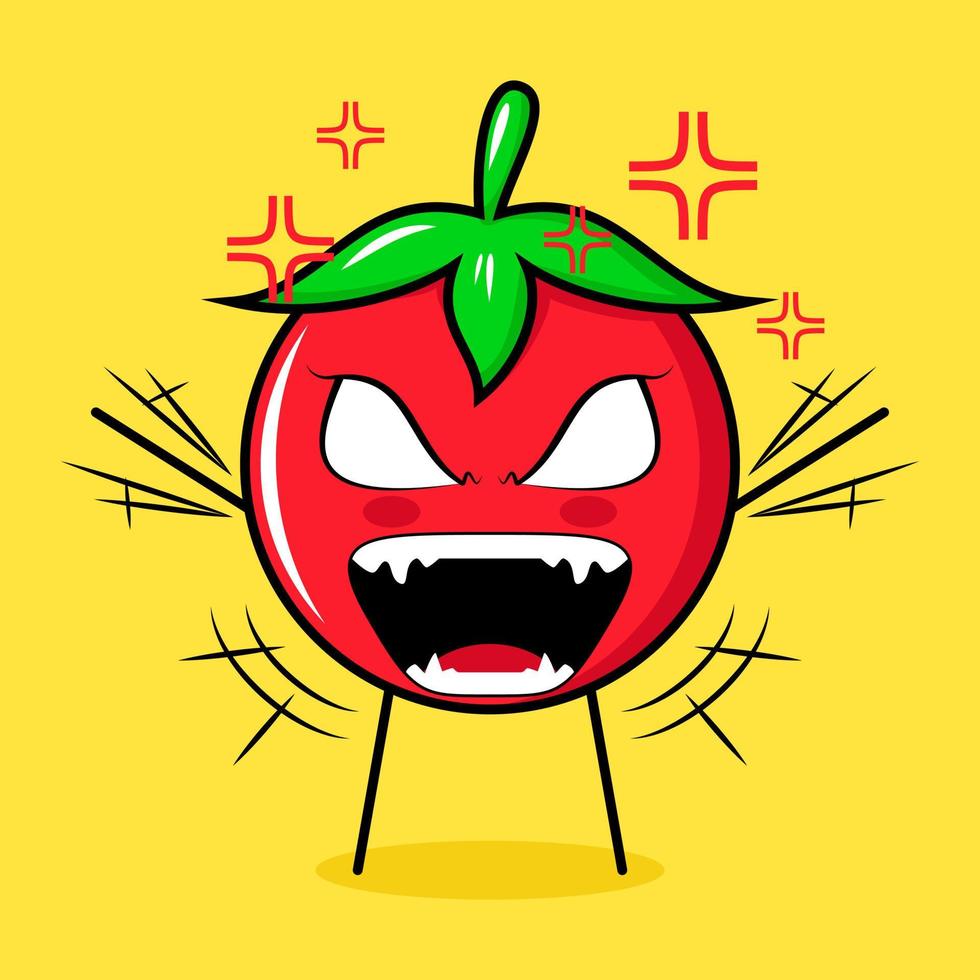 cute tomato character with angry expression. both hands raised, eyes bulging and mouth wide open. green, red and yellow. suitable for emoticon, logo, mascot vector