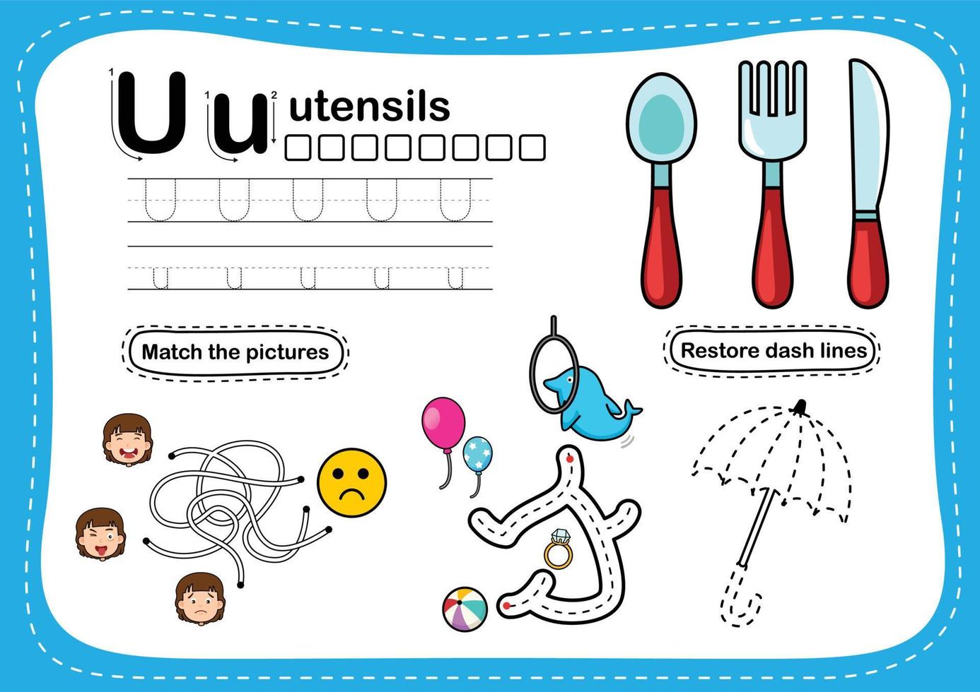 Alphabet Letter U - Utensils exercise with cartoon vocabulary illustration, vector