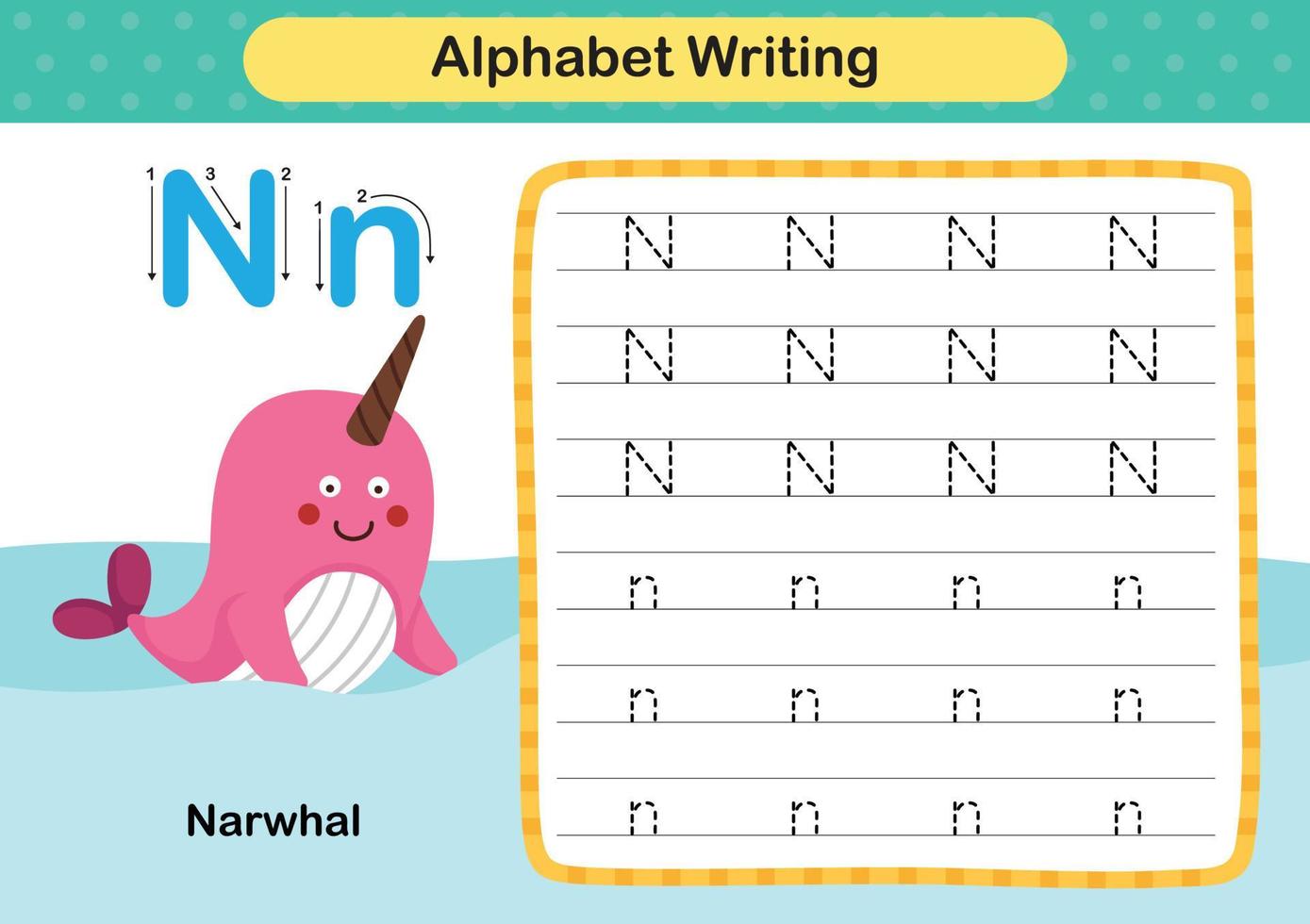 Alphabet Letter  N - Narwhal exercise with cartoon vocabulary illustration, vector