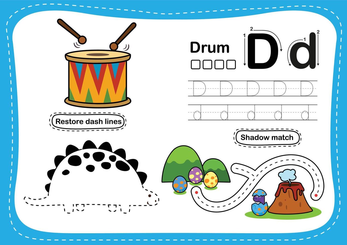 alfabeto letra d - ejercicio de tambor con ilustración de vocabulario de dibujos animados, vector