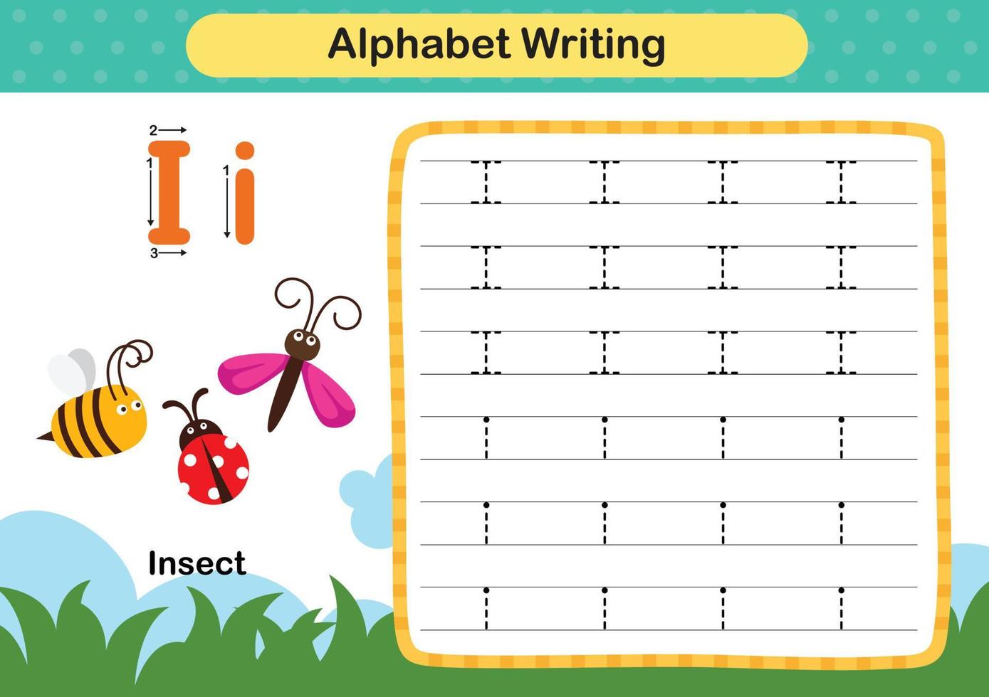 Alphabet Letter  I - Insect exercise with cartoon vocabulary illustration, vector