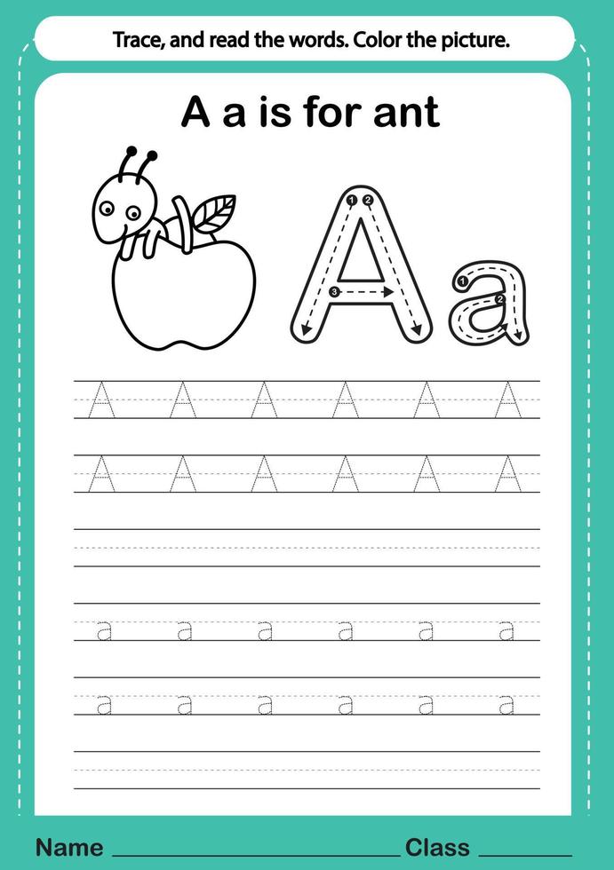 Alphabet a exercise with cartoon vocabulary for coloring book illustration, vector