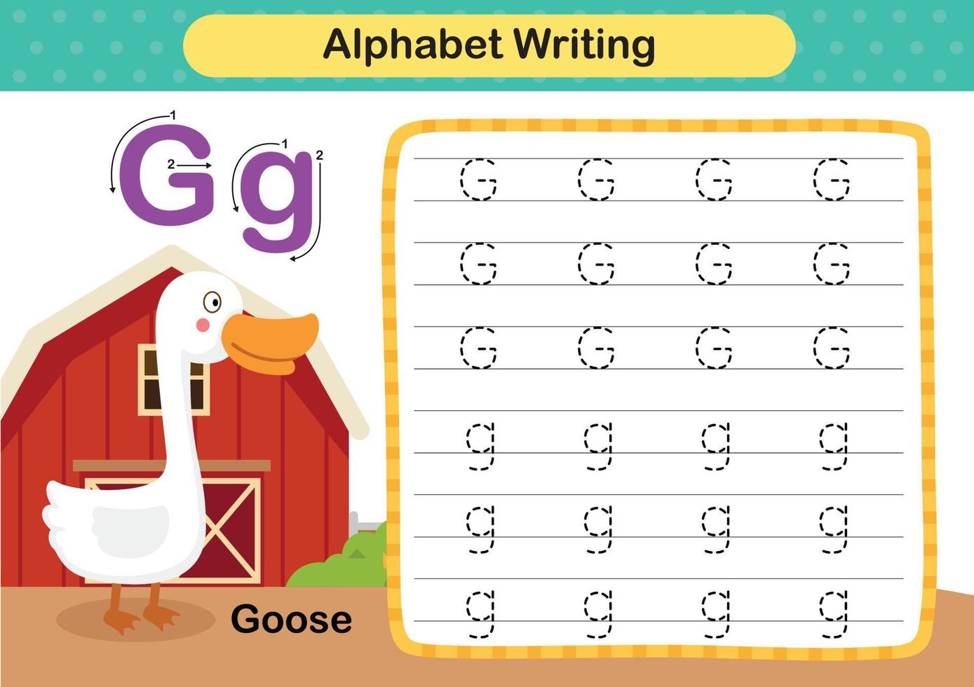 Alphabet Letter  G - Goose exercise with cartoon vocabulary illustration, vector