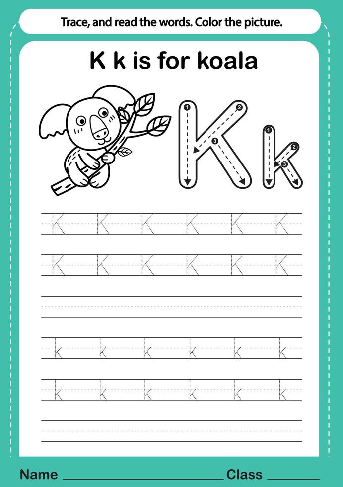 Alphabet k exercise with cartoon vocabulary for coloring book illustration, vector