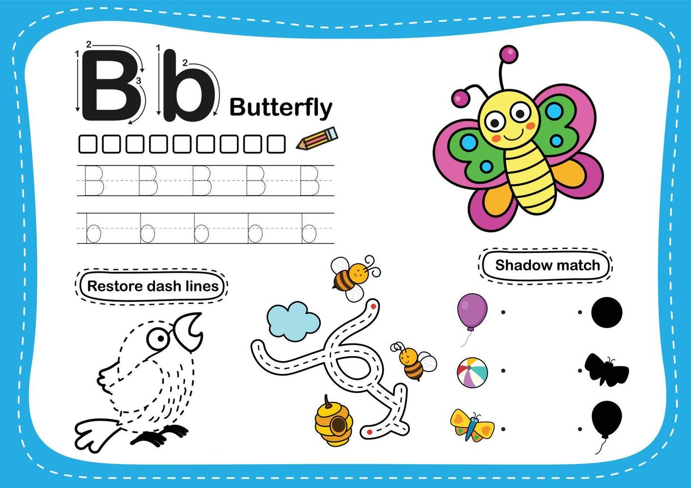 Alphabet Letter B- Butterfly exercise with cartoon vocabulary illustration, vector