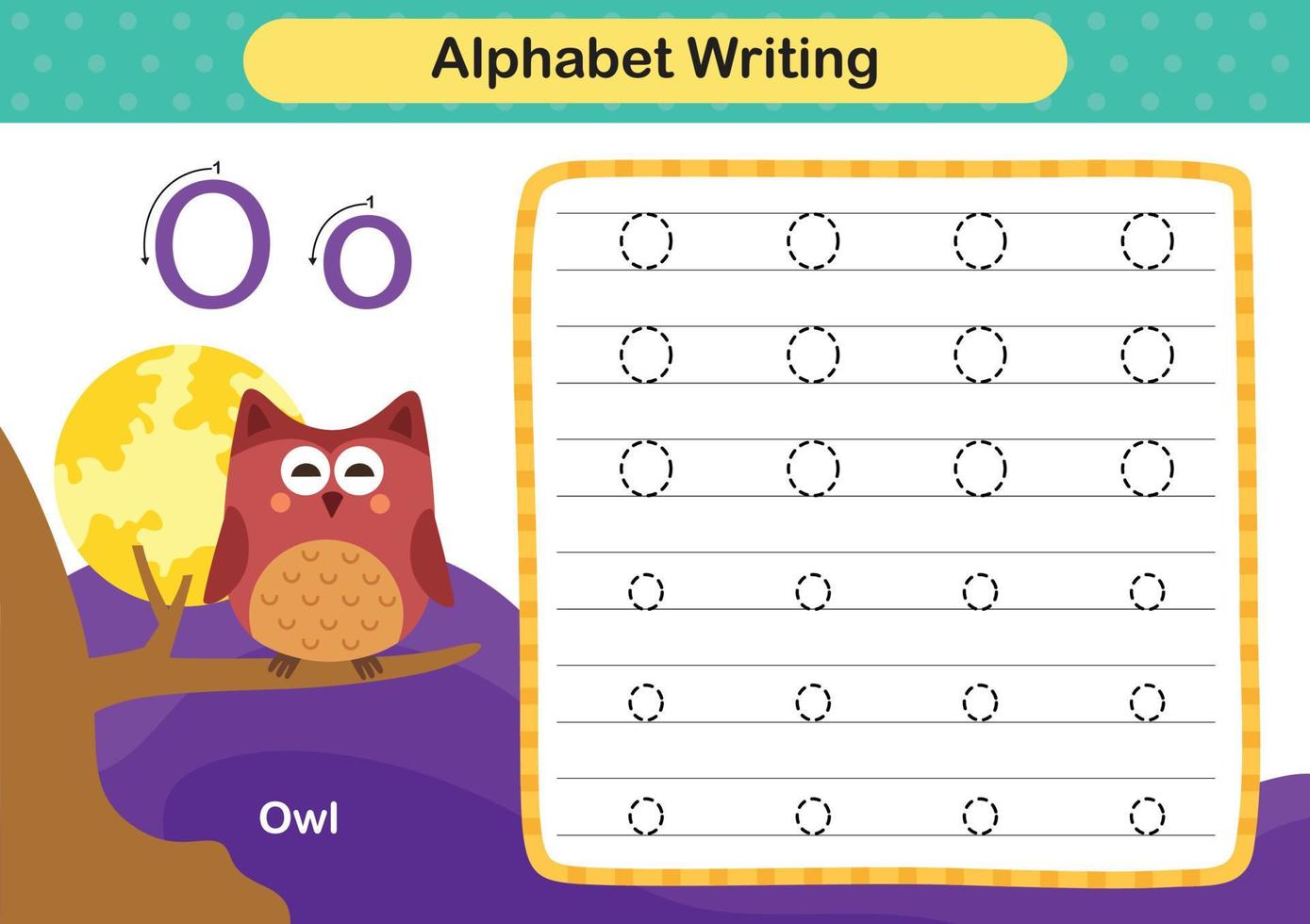 Alphabet Letter O - Owl exercise with cartoon vocabulary illustration, vector