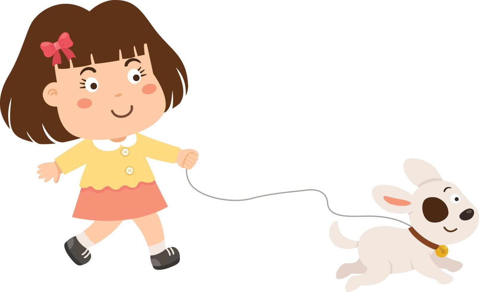 Niña linda feliz caminando con ilustración de vector de perro