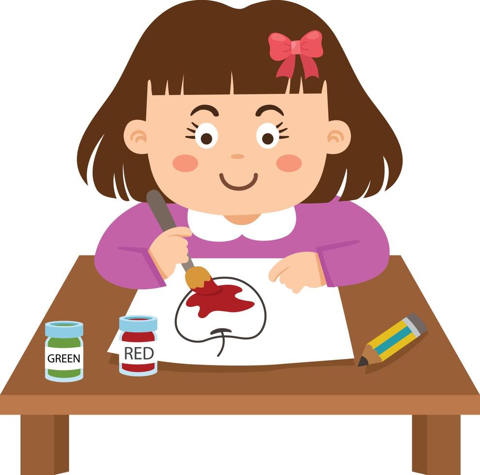 niña sentada en la mesa y pintando ilustración vectorial vector