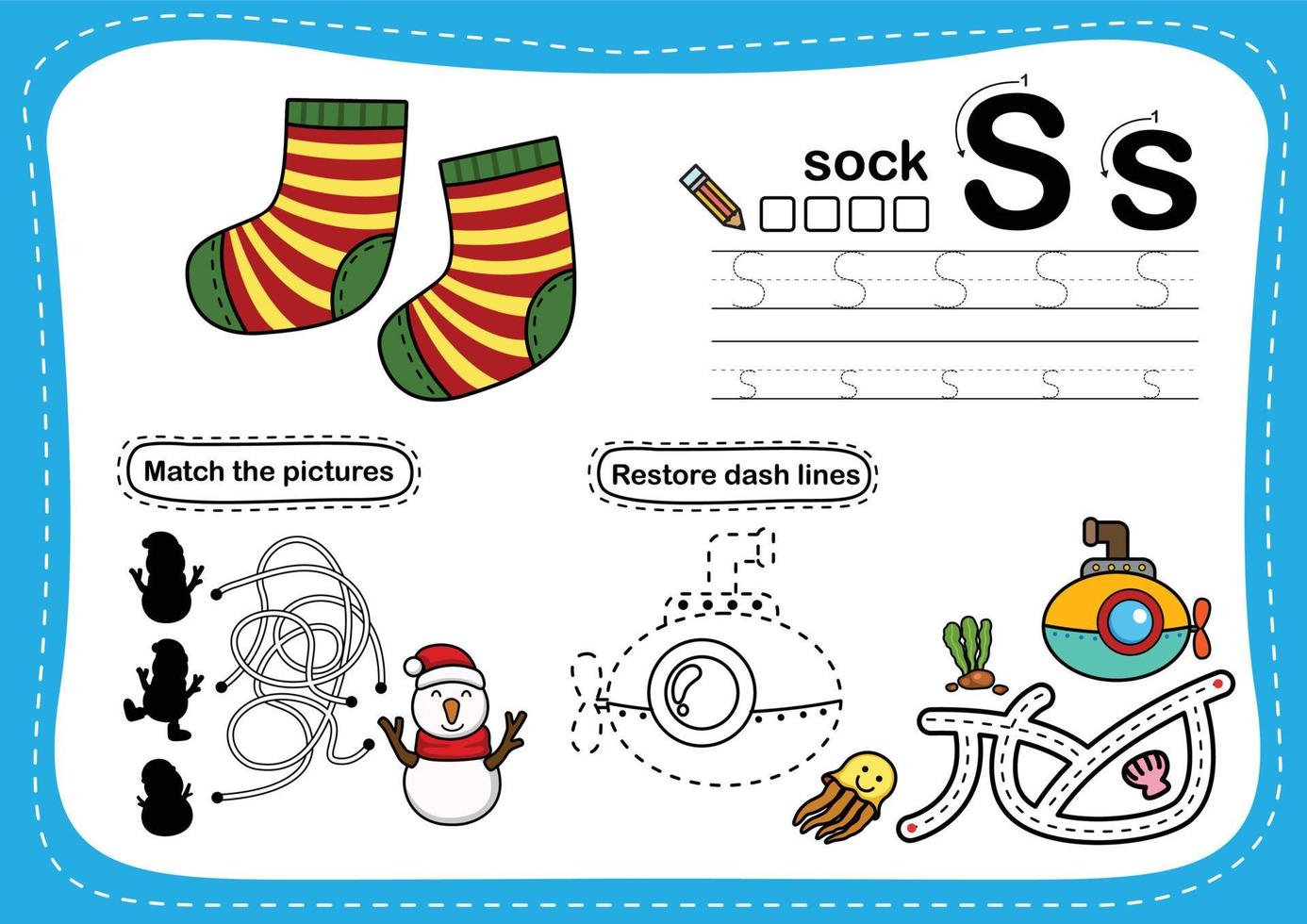 Alphabet Letter S - Sock exercise with cartoon vocabulary illustration, vector