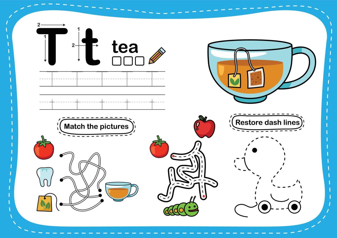 Alphabet Letter T - Tea exercise with cartoon vocabulary illustration, vector