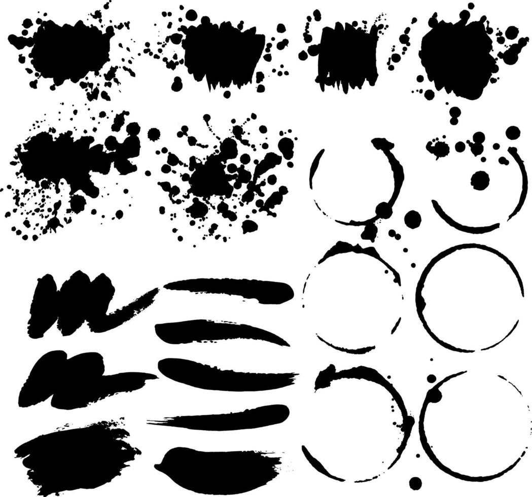 Vector set of grunge ink splashes, brush strokes, design elements, circles. Empty black backgrounds, frames for text or quote.