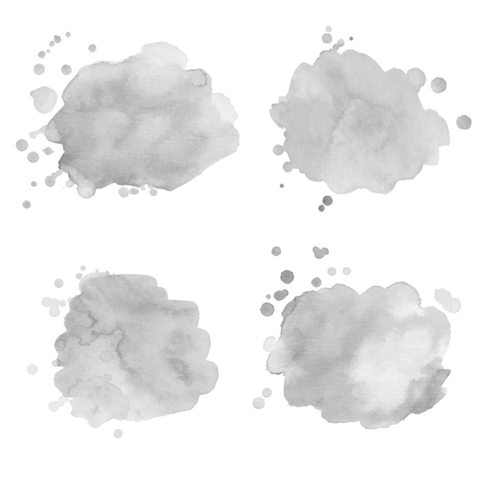 Set of gray scale watercolor spots with splashes. Monochrome grunge elements for paper design. vector