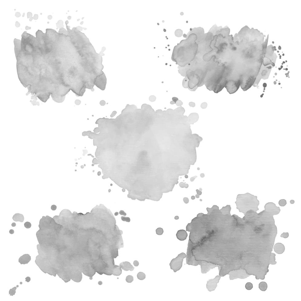 Set of gray scale watercolor spots with splashes. Monochrome grunge elements for paper design. vector