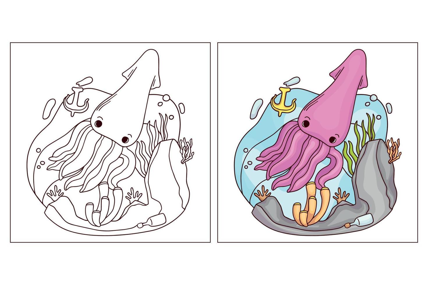 Hand drawn cute ocean animal for coloring page Sea Squid vector