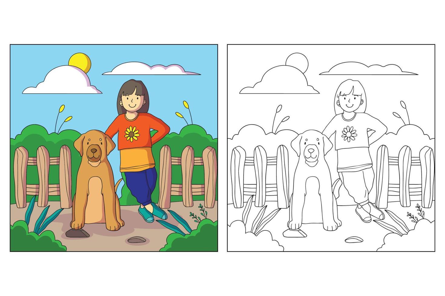 Hand drawn Kid and Pet Coloring page vector