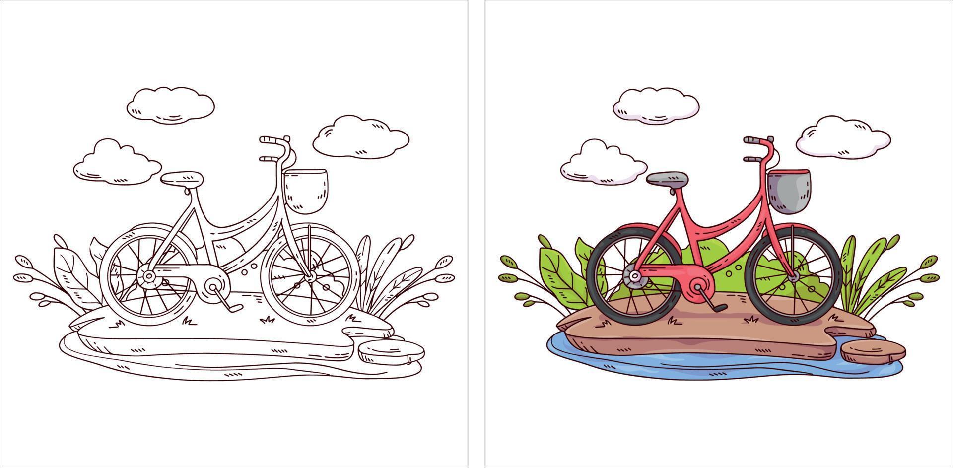 vehículo de transporte lindo dibujado a mano para colorear página bicicleta vector