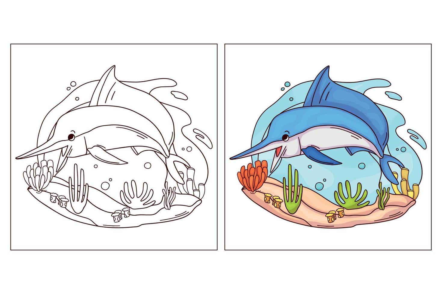 dibujado a mano lindo animal del océano para colorear página marlin vector