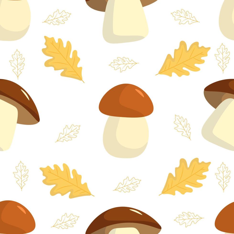 Seamless vector pattern with forest mushrooms and autumn leaves on white background. Fabric design.