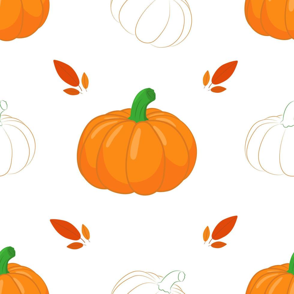 Seamless pumpkin  pattern. Orange pumpkin on white background with leaves. Vector illustration.