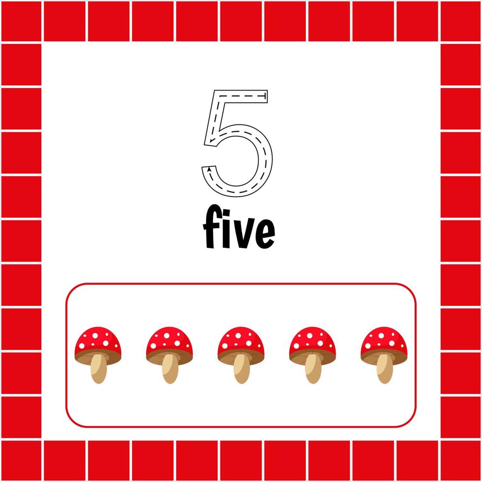 Educational maths worksheets. Cards with numbers for children. Trace the line. For kids learning to count and to write. Number five. Fly agaric. vector