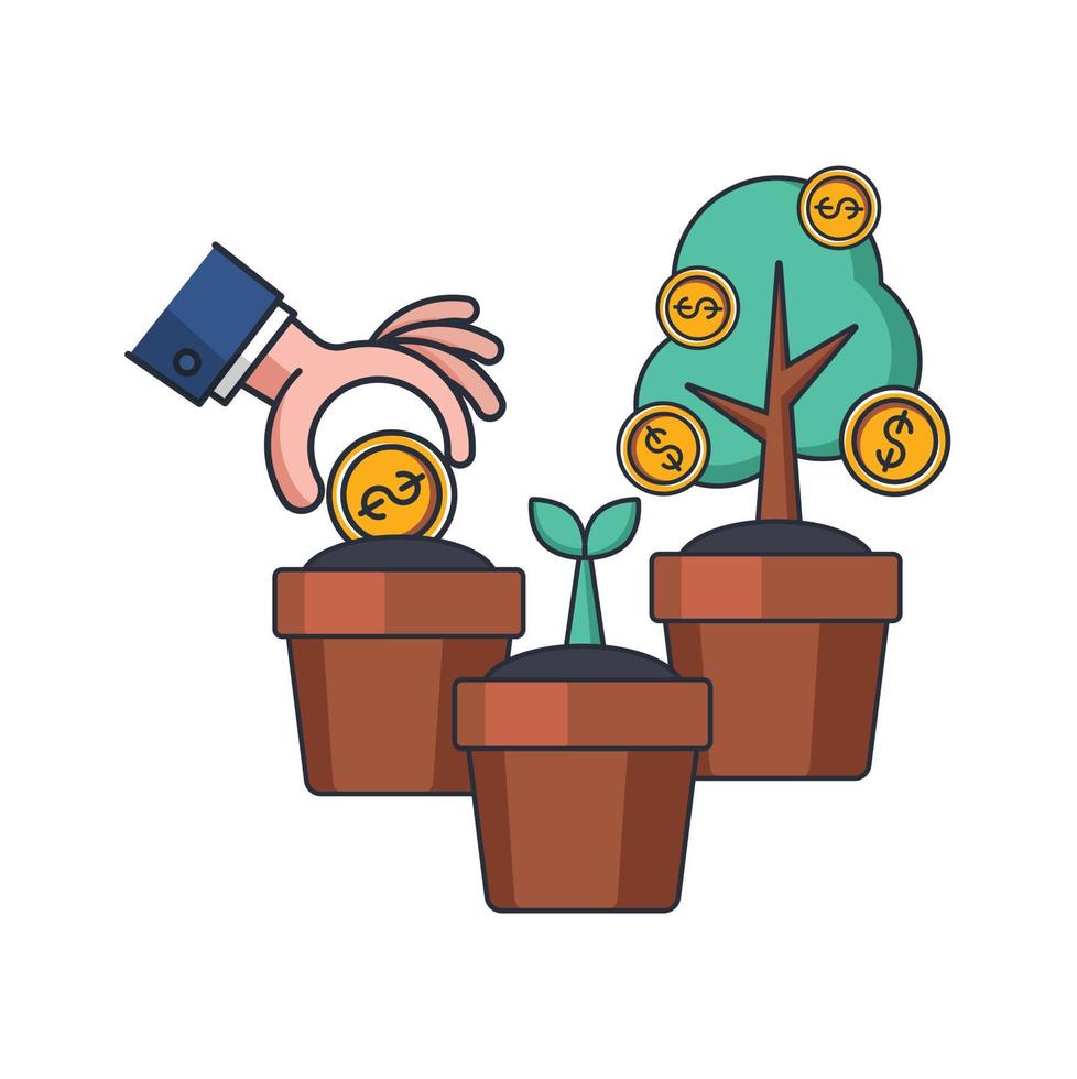 icono delgado de color de colección de plantación de árboles de monedas de dinero, mano, negocios y concepto de finanzas ilustración vectorial. vector