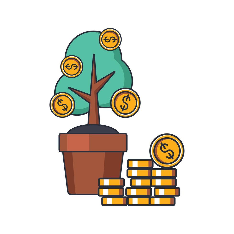 Collection colored thin icon of money coin tree, business and finance concept vector illustration.