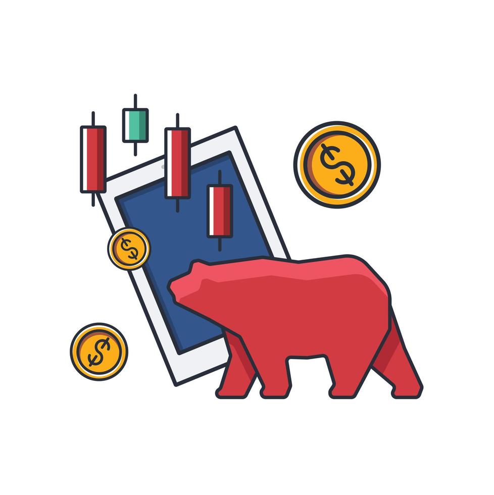 Collection colored thin icon of bear market trading, tablet, graph, money coins, business and finance concept vector illustration.