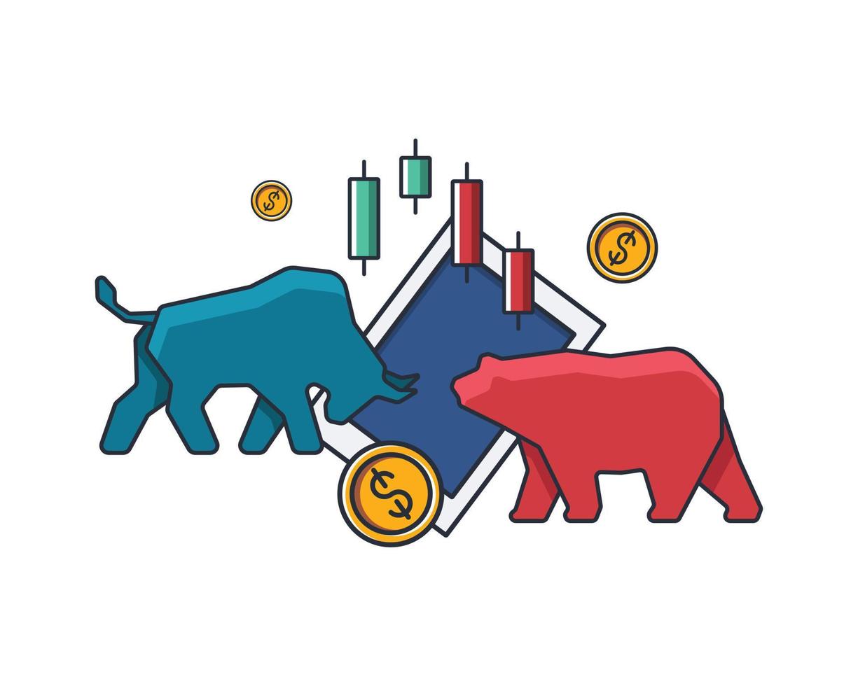 Collection colored thin icon of trading market, bear and bull, tablet, graph, money coins, business and finance concept vector illustration.