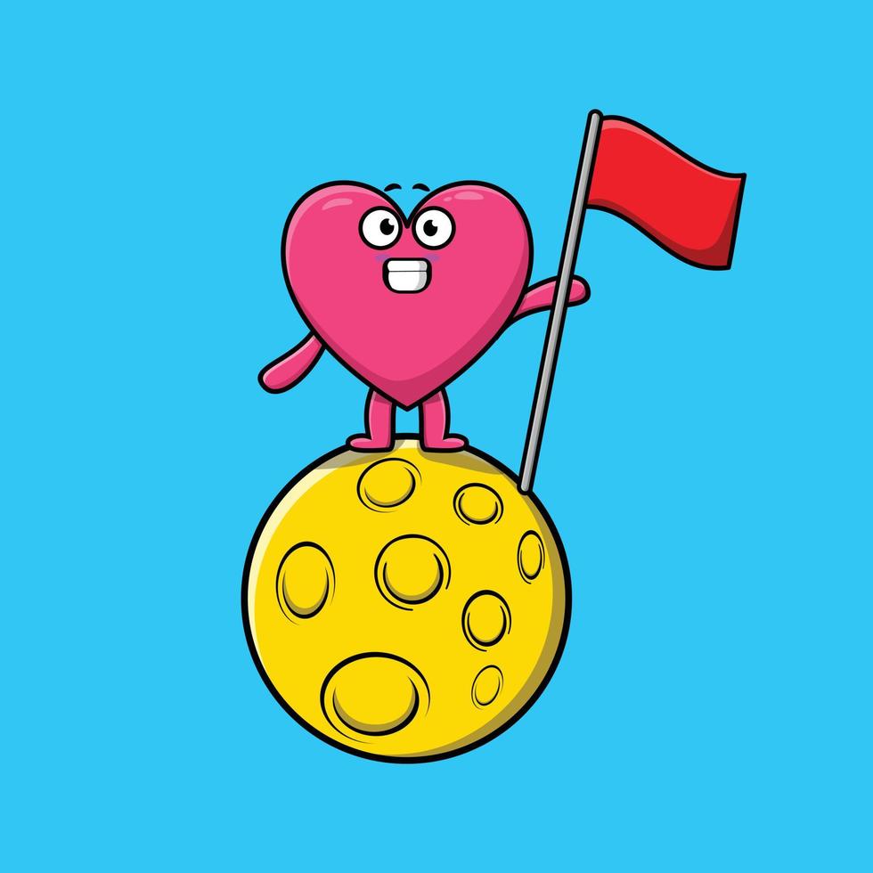 cartoon Lovely heart standing on the moon with fla vector