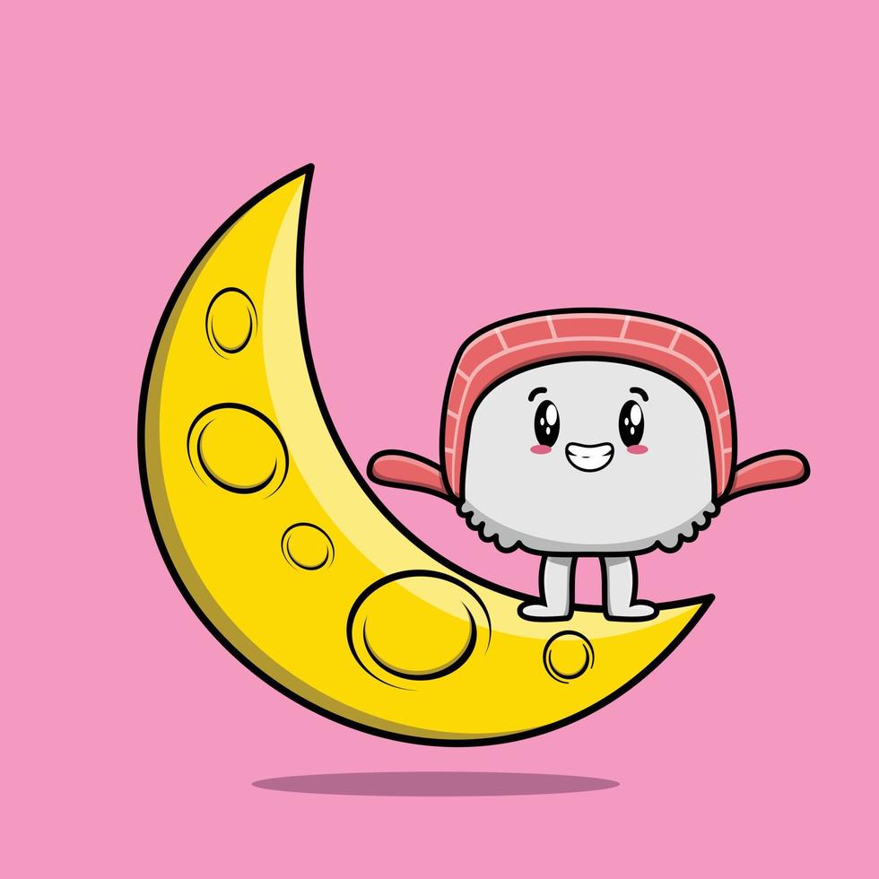 lindo sushi de dibujos animados de pie en la luna creciente vector